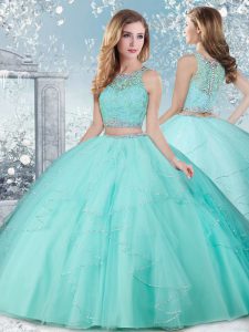 Sleeveless Tulle Floor Length Clasp Handle Ball Gown Prom Dress in Aqua Blue with Beading