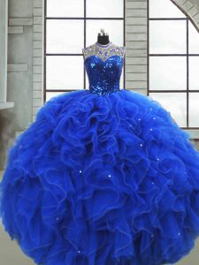 Sweet Scoop Sleeveless Ball Gown Prom Dress Floor Length Ruffles and Sequins Royal Blue Organza