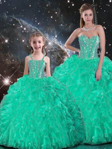 Hot Sale Turquoise Sleeveless Floor Length Beading and Ruffles Lace Up 15th Birthday Dress