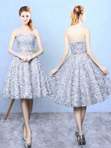 Beauteous A-line Court Dresses for Sweet 16 Grey Sweetheart Printed Sleeveless Knee Length Lace Up