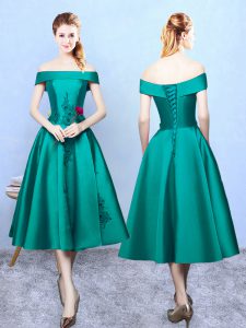 Amazing Sleeveless Tea Length Appliques Lace Up Quinceanera Dama Dress with Dark Green