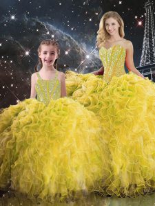 Yellow Sleeveless Floor Length Beading and Ruffles Lace Up Quinceanera Gown
