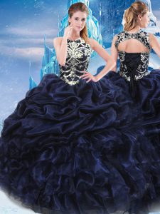 Flirting Navy Blue Ball Gowns High-neck Sleeveless Taffeta Floor Length Lace Up Appliques and Ruffles and Pick Ups 15 Quinceanera Dress