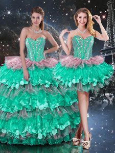 Sleeveless Organza Floor Length Lace Up Quinceanera Dress in Multi-color with Beading and Ruffles and Ruffled Layers
