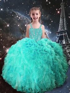Sleeveless Floor Length Beading and Ruffles Lace Up Little Girls Pageant Dress with Turquoise