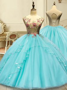Deluxe Sleeveless Tulle Floor Length Lace Up 15th Birthday Dress in Aqua Blue with Appliques