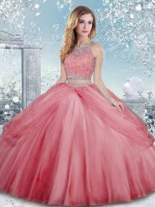 Tulle Scoop Sleeveless Clasp Handle Beading Quinceanera Gown in Watermelon Red