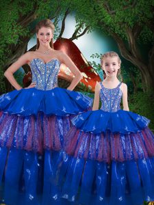 Blue Sleeveless Organza Lace Up 15 Quinceanera Dress for Military Ball and Sweet 16 and Quinceanera