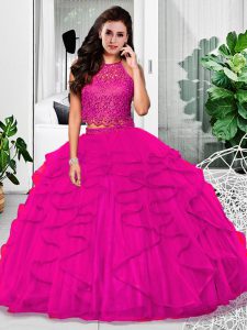 Best Floor Length Fuchsia Sweet 16 Dresses Tulle Sleeveless Lace and Ruffles