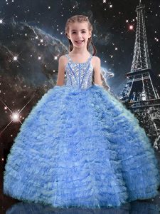 Floor Length Lace Up Pageant Gowns For Girls Baby Blue for Quinceanera and Wedding Party with Beading and Ruffled Layers