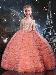 Watermelon Red Lace Up Pageant Dress for Teens Beading and Ruffled Layers Sleeveless Floor Length