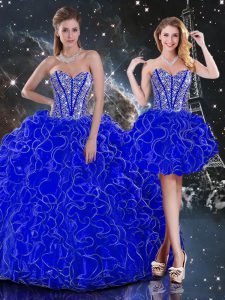 Affordable Royal Blue Organza Lace Up Sweetheart Sleeveless Floor Length 15th Birthday Dress Beading and Ruffles