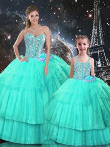 Floor Length Turquoise Vestidos de Quinceanera Organza Sleeveless Ruffled Layers