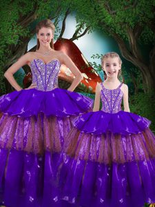 Hot Selling Floor Length Eggplant Purple Sweet 16 Dress Organza Sleeveless Beading and Ruffled Layers