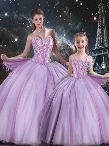Lavender Sleeveless Beading Floor Length 15th Birthday Dress