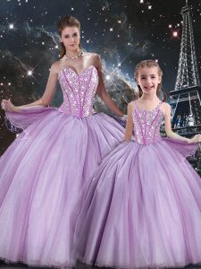 Lavender Sleeveless Beading Floor Length 15th Birthday Dress