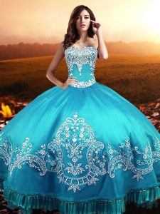 Sweetheart Sleeveless Sweet 16 Quinceanera Dress Floor Length Beading and Appliques Aqua Blue Taffeta