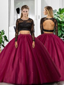 Fantastic Long Sleeves Tulle Floor Length Backless Sweet 16 Dress in Fuchsia with Lace and Ruching