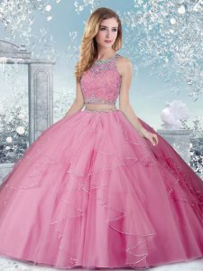 Floor Length Ball Gowns Sleeveless Rose Pink Sweet 16 Dress Clasp Handle