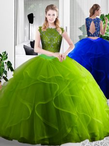 Sumptuous Floor Length Olive Green Vestidos de Quinceanera Tulle Sleeveless Lace and Ruffles