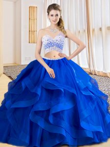 New Arrival Royal Blue Sleeveless Beading and Ruffles Floor Length Vestidos de Quinceanera