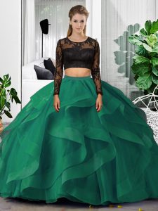 Modern Dark Green Scoop Neckline Lace and Ruffles Sweet 16 Dresses Long Sleeves Backless