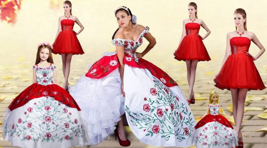 Stunning White And Red Ball Gowns Organza and Taffeta Off The Shoulder Sleeveless Embroidery and Ruffled Layers Lace Up Sweet 16 Quinceanera Dress Brush Train