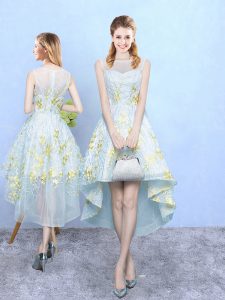 Apple Green Tulle Zipper Scoop Sleeveless High Low Damas Dress Appliques and Pattern