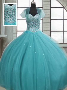 Luxury Tulle Sweetheart Sleeveless Lace Up Beading and Sequins 15th Birthday Dress in Aqua Blue