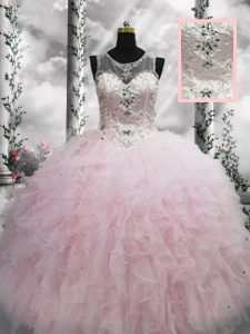 Nice Floor Length Lace Up 15th Birthday Dress Baby Pink for Military Ball and Sweet 16 and Quinceanera with Beading and Ruffles