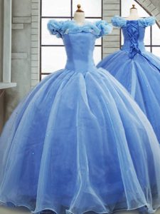 Modest Light Blue Lace Up Off The Shoulder Pick Ups Quinceanera Gowns Organza Sleeveless Brush Train