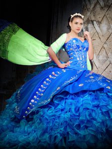 Sleeveless Organza Brush Train Lace Up Quinceanera Gowns in Royal Blue with Embroidery and Ruffles