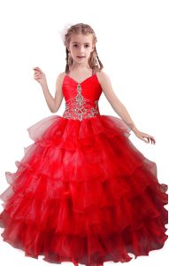 Hot Selling V-neck Sleeveless Pageant Dress Wholesale Floor Length Beading and Ruffled Layers Red Organza