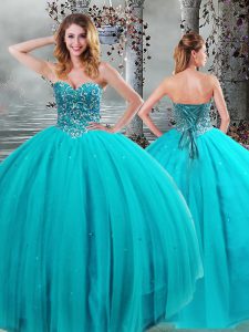 Sleeveless Floor Length Beading Lace Up Sweet 16 Dress with Aqua Blue