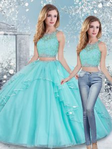 Super Tulle Sleeveless Floor Length Quinceanera Gown and Beading and Lace and Sashes ribbons