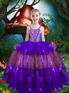 Purple Sleeveless Floor Length Beading and Ruffled Layers Lace Up Glitz Pageant Dress