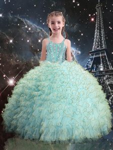 Adorable Aqua Blue Ball Gowns Straps Sleeveless Organza Floor Length Lace Up Beading and Ruffles Pageant Gowns