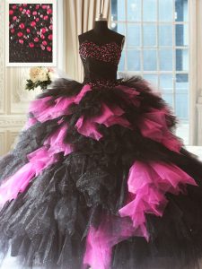 Pretty Sweetheart Sleeveless 15 Quinceanera Dress Floor Length Beading and Ruffles Pink And Black Tulle