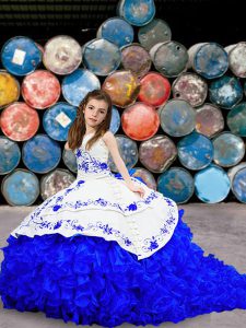 Sweetheart Sleeveless Brush Train Lace Up Winning Pageant Gowns Blue And White Organza