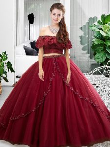 Floor Length Two Pieces Sleeveless Burgundy Sweet 16 Dresses Lace Up