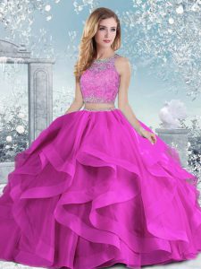 Hot Sale Floor Length Clasp Handle Quince Ball Gowns Fuchsia for Military Ball and Sweet 16 and Quinceanera with Beading and Ruffles