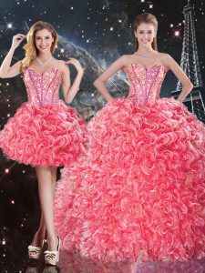 Coral Red Three Pieces Organza Sweetheart Sleeveless Beading and Ruffles Floor Length Lace Up Sweet 16 Quinceanera Dress