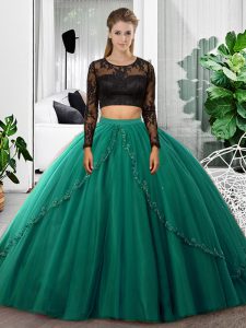 Floor Length Backless Ball Gown Prom Dress Dark Green for Military Ball and Sweet 16 and Quinceanera with Lace and Ruching