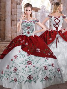 Fabulous Floor Length White And Red Quinceanera Gown Off The Shoulder Sleeveless Lace Up