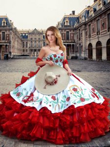 Hot Sale Sweetheart Sleeveless Organza and Taffeta Quinceanera Gown Embroidery and Ruffled Layers Lace Up