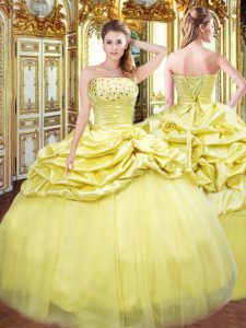 Customized Gold Taffeta Lace Up Quince Ball Gowns Sleeveless Floor Length Beading and Pick Ups