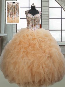 Champagne Quince Ball Gowns Military Ball and Sweet 16 and Quinceanera with Beading and Ruffles Sweetheart Sleeveless Lace Up