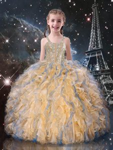 Nice Floor Length Lace Up Pageant Gowns For Girls Champagne for Quinceanera and Wedding Party with Beading and Ruffles