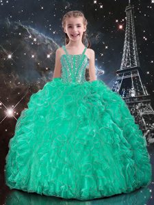 Turquoise Organza Lace Up Straps Sleeveless Floor Length Pageant Gowns For Girls Beading and Ruffles