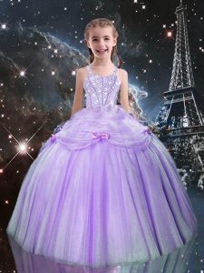 Tulle Straps Sleeveless Lace Up Beading Kids Formal Wear in Lilac
